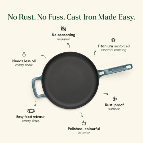 Image of Ember Cookware TitaniumClad Enamel Cast Iron Tawa for Dosa 27 cm | 10-Year Warranty | Rust-Proof Cast Iron Tawa for Roti & Dosa | Non Stick Dosa Tawa | Heavy Duty Induction Cookware | Ocean