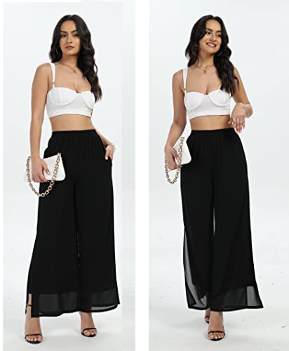 Women's Wide Leg Chiffon Dress Palazzo Pants Casual Split Hem Summer Trousers Party Club Pant4