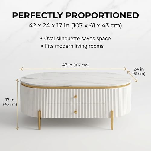 Image of Tesla Centre Table, White Marble Top with Gold Trim, Oval Modern Coffee Table with 2 Drawer Storage, Waterproof Plywood Base, PVD Metal Legs, for Living Room (White)