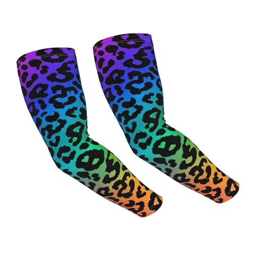 VAFZASC Cooling Ice Silk Arm Sleeves for Men Women, Thumb Hole UV Sun Protection for Cycling Golf Driving, Colorful Cheetah Leopard Animal Print Rainbow