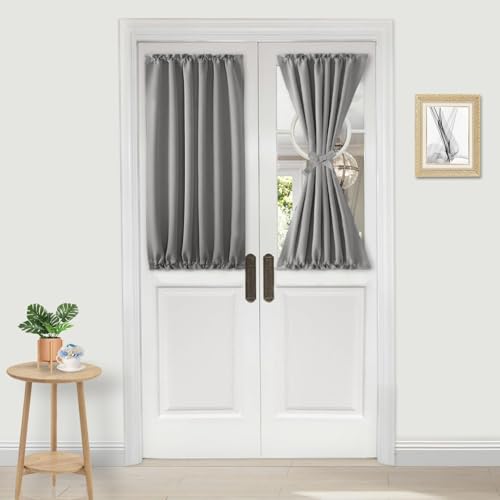 DWCN French Door Curtains – Rod Pocket Thermal Blackout Curtain for Doors with Glass Window, Kitchen and Patio Doors for Privacy, 25 X 40 Inches Long, 1 Curtain Panel with Tieback, Grey