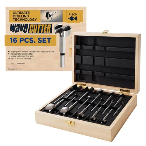 Image of Fisch Wave Cutter Forstner Drill Bit Box Set, 16-Piece Pro Grade Woodworking, Cabinet Markers 3.6X Faster Cutting Tool Set Smooth, Splinter-Free Cutting, Forged Steel, Austria, (1/4" - 2-1/8")