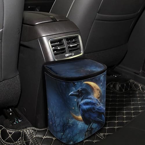 Image of Talayituse Crow Moon Galaxy Print Car Trash Can Portable Auto Garbage Bin Multifunctional Vehicle Interior Accessories with Adjustable Straps Universal Fit Truck SUV Sedan