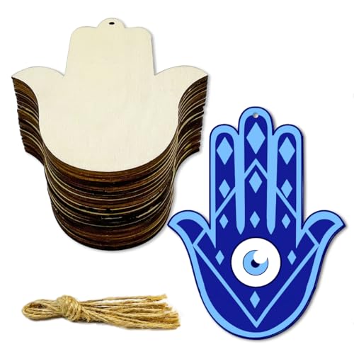 30 Pack 4 Inch Wood Hamsa Hand Cutouts Unfinished Wooden Hamsa Hand Hanging Ornaments DIY Hamsa Hand Craft Gift Tags
