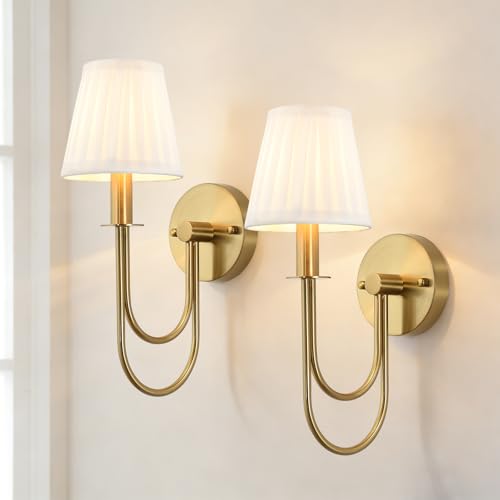 Image of ETONIMERR Antique Brass Wall Sconces Set of Two, White Pleated Fabric Wall Light Fixtures with Gold Curved Arm, Vintage Gold Wall Sconce for Bedroom Living Room Hallway, Brass Finish Sconces