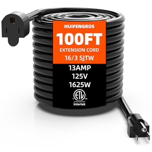 HuiFengros 100 FT Outdoor Extension Cord Black Extension Cord Waterproof 16 Gauge 13Amps 125V SJTW ETL Listed Indoor/Outdoor Use