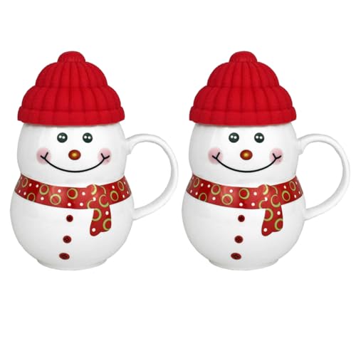 Christmas Cup Snowman Ceramic Coffee Mug with Lid Hot Cold Drink Festive Ornament Tableware Teacup (2X Red)