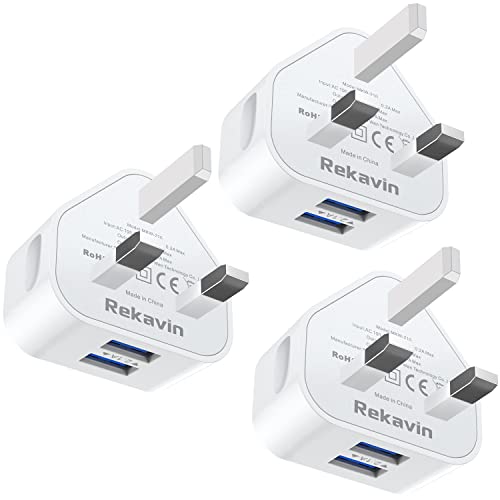 3 Pack USB Plug UK Mains Charger,Rekavin Dual USB Plug Adaptor UK 5V/2.1A Triple Double Port USB Adapter Wall Charge Head with Smart IC Fast Charging for iPhone 13/12/11/XS Max/XR/X/8/7/6Plus,iPad