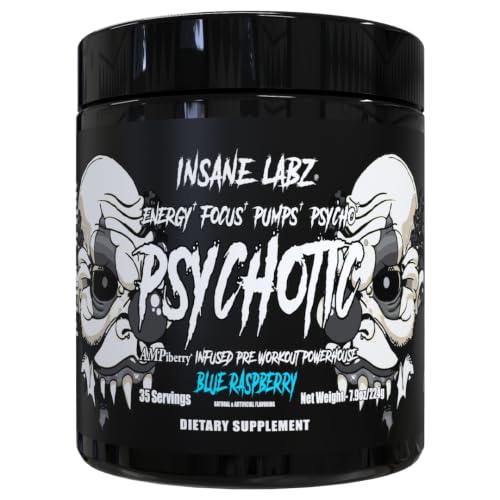 Image of Insane Labz Psychotic Black Edition Mid Stimulant Pre Workout Powder, Energy Focus Pumps, Loaded with Creatine Beta Alanine Taurine Fueled by AMPiberry, 35 Servings (Blue Raspberry)