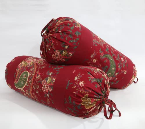 Image of Swayam Set of 2 Pure Cotton Bolster Cover | 30x30 Inch | Soft Breathable Masnad Cover 200TC | Durable & Washable | Ethnic Motif Print Bolster Cover for Diwan, Bed & Sofa - Red