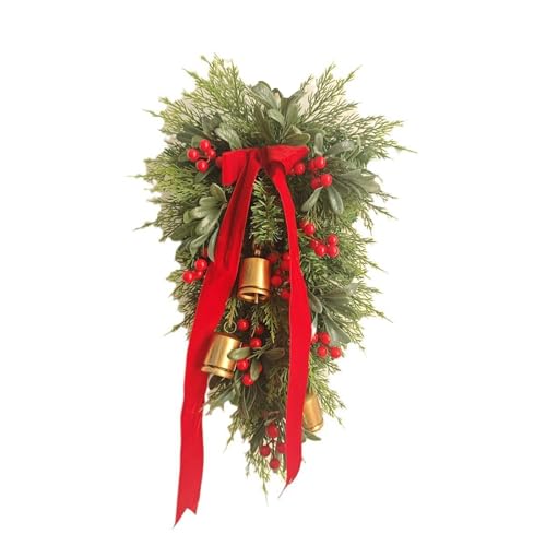 LKPOMI Artificial Christmas Teardrop Swag 20 Inch Faux Pine Swag with Bows Bells and Red Berries Christmas Greenery Teardrop Wreath for Xmas Holiday Door Mantle Fireplace Decor