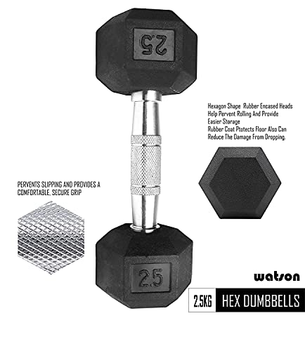 Image of Watson Solid Steel Rubber Coated Hex Dumbbell Set, 2.5 Kg Single Piece Home Gym Dumbbell Weight Set For Men & Women, Home Gym Equipment (Single Piece)