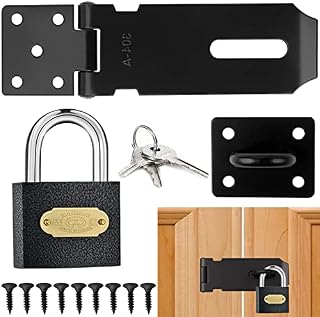 Door Latch Hasp with Padlock and Screws, 4 Inch Stainless Steel Hasp and Staple with Padlock Heavy Duty Shed Door Lock Latch Hasp Lock Door Padlock Hasp for Outdoor Bedroom Garden Garage Cabinet Black
