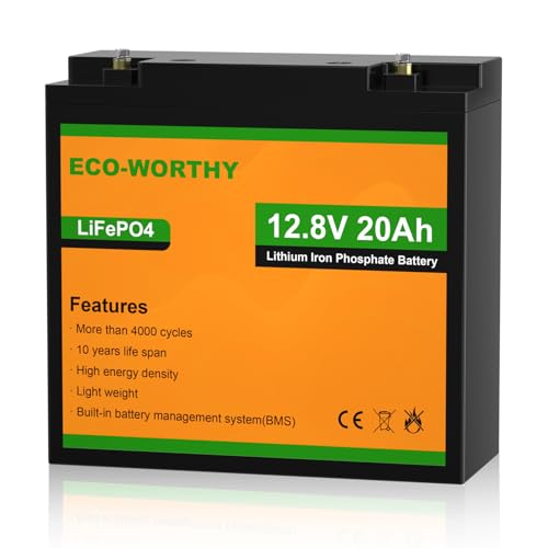 ECO-WORTHY LiFePO4 Batterie Lithium 12 V 20 Ah avec Protection BMS 12 V 20 Ah pour Moteurs de trolling, Bateaux, fauteuils roulants électriques, caravanes