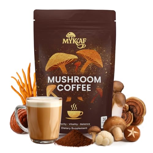 Mushroom Coffee with 6 Adaptogenic Mushrooms, Instant Coffee for Better Energy, Enhanced Focus, Boosted Immunity with Reishi, Cordyceps, Lion's Mane, King Trumpet, Shiitake& Turkey Tail | 30 Servings