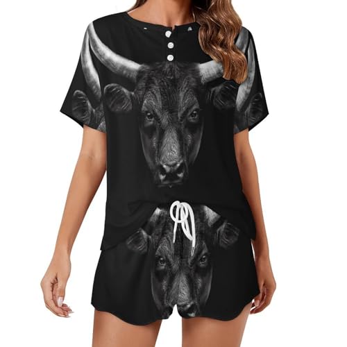 Pyjama femme manches courtes anti-chaleur sleepwear été tête de taureau