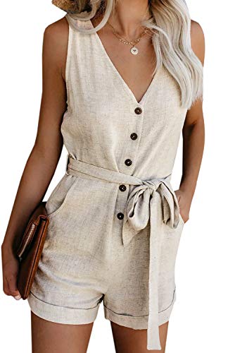 SHIPE Women Button Down Sleeveless Rompers V Neck Short Jumpsuit Rompers Playsuit with Pockets (Beige S)