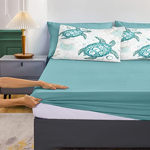 Kids Girls Ocean Theme Bed In A Bag 8 Pieces Queen Size Teal Sea Turtle Comforter Set With 1 Comforter, 4 Pillowcases, 1 Flat Sheet, 1 Fitted Sheet, 1 Cushion Cover(Queen, Teal) #TOP4