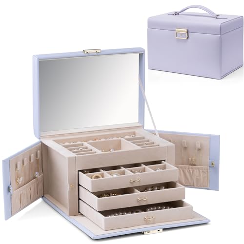 Vlando Large Jewellery Box for Women Lockable Jewellery Boxes with 3 Drawers Jewelry Storage Earrings, Rings, Necklaces, Bracelets, Brooches, Watches