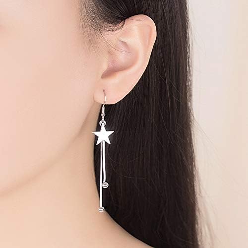 Kamise Silver Drop Earrings for Women, 925 Sterling Silver Drop Earrings with Two Long Tassel Ball Chain, Star Dangle Hook Earrings Gifts for Christmas Birthday Valentines Anniversary with Gift Box
