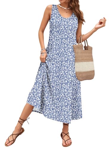 AUSELILY Robe Longue Femme ete sans Manches Robe de Plage Coupe trapèze Longues Style décontracté col en U Robe de Ample pour Les Vacances avec Poche Floral...