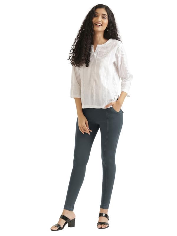 Image of SAADAA Women's Regular Fit High Rise 4-Way Stretchable Pants Yoga, Formal, and Regular Skinny High Waist Leggings 2 Deep Pockets Elastic Waistband Durable Interlock Stitching