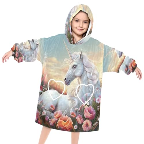 Pardick Wearable Blanket Hoodie for Kids, White Horse Fleece Sweatshirt Blanket Oversized Blanket Sweatshirt with Pocket Flannel Warm Hooded Blanket 6-10 Year Old Girl Boy Gift, One Size