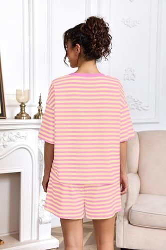 Image of Ythomm Striped Pajamas Shorts Sets Women 2 Piece Lounge Outfits Short Sleeve Tees Drawstring Shorts Summer Matching Pj Sets