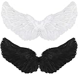 Gejoy 2 Pieces Angel Feather Floating Wings Halloween Costume with Elastic Straps for Women Adults Cosplay(23.62 x 13.78 Inch,White, Black)