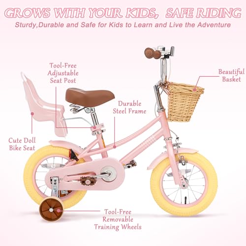 Image of Glaf Girls Bike Bicycle for 2-12 Years Old 12 14 16 20 inch Kids Toddler Bike with Training Wheels and Basket,Doll Seat, Kids Bike Bicycle for Gift