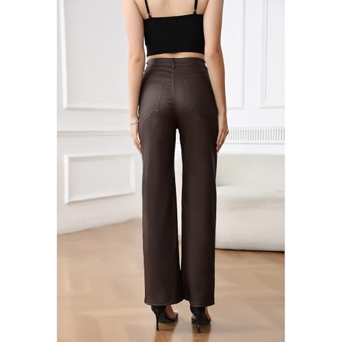 Women's Faux Leather Pants Wide-Leg Loose Flared Black Leather Pants Baggy Trousers with Buttons Pockets3