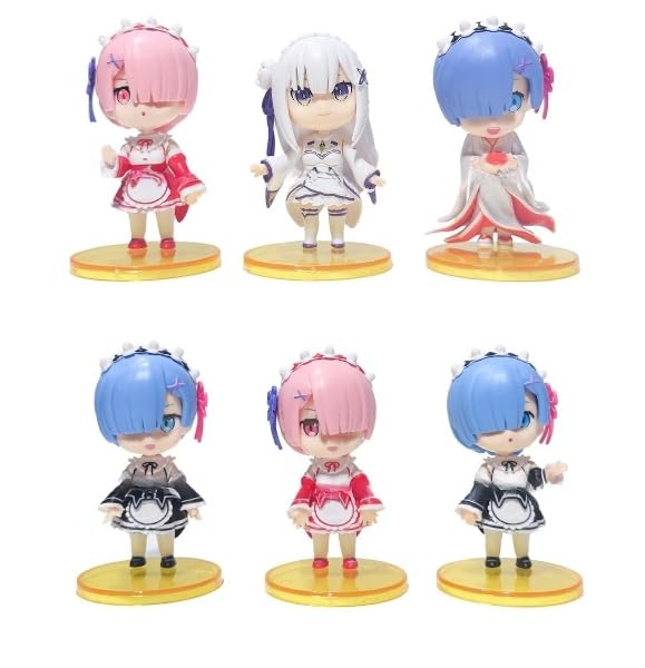 Image of Trunkin Zero Rem Re Life In A Different World From Zero (Set A)| Set Of 6 Rubber Figurine Anime Ram Figures Rem Emilia Action Polyvinyl Chloride Collectible Weeb Manga Action Figures,Multicolor