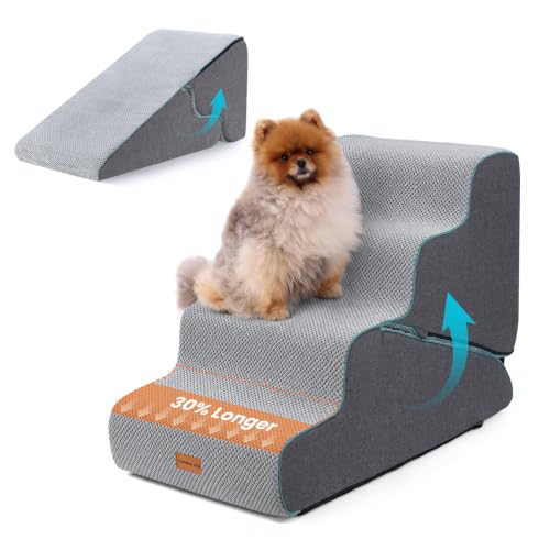 Image of Gardner Pet Dog Stairs for Small Dogs 22 inch H, 2 in 1 Transformable 4-Step Pet Stairs and Dog Ramp for Couch Bed (23-27 in), Grey Adjustable Pet Steps