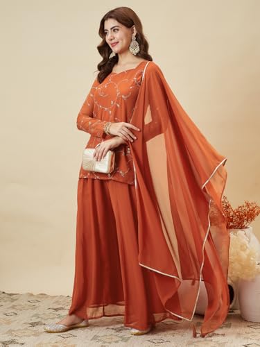Image of MOKOSH Women's Georgette Short Kurti Palazzo with Dupatta | Short Kurti Set |Ethnic Kurta Set for Women | Sweetheart Neck Full Sleeve | Indian Kurta Outfit With Palazzo Pants