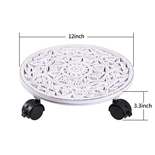 Feiaa Plant Caddy With Wheels 12 Inch - Wood Rolling Plant Stand Heavy Duty Indoor Outdoorround Planter Caddies Potted Round White #TOP2