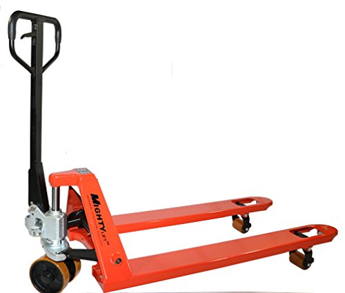 Mighty Lift ML55L-2 Heavy Duty Pallet Jack Truck, Wheels: super Polyurethane on Steel., 50" Height, 27" width, 48" fork Length, 5500 lbs. Load Capacity, Orange
