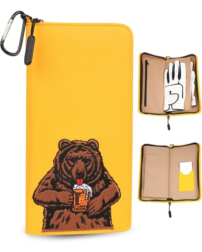 LZFAN Golf Glove Holder Case for Accessories Portable Golfer Gifts for Men & Women Caddy Organizer Case with Storage Slots for Cards Tees & Ball Markers Embroidered Beer Bear