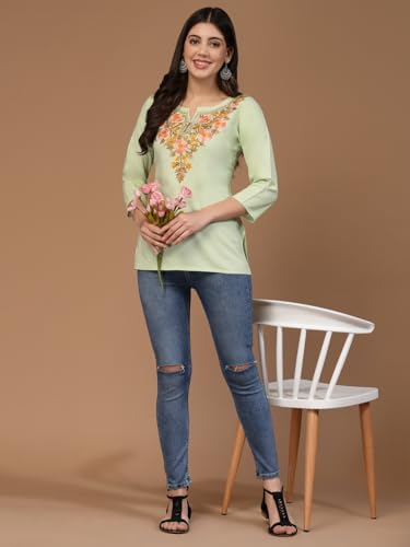 Image of QAZMI Women's Rayon Cotton Straight Keyhole Neck Three-Quarter Sleeves Israa Kashmiri Embriodered Short Kurti