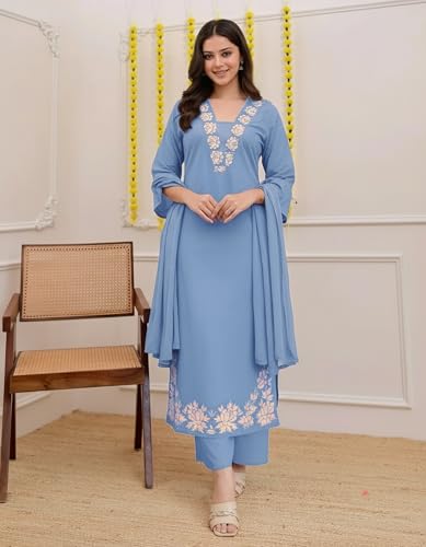 Image of ANNI Designer Pure Cotton Embroidered Kurta Set for Women | Rust Orange Kurta with Pants & Dupatta | Floral Neck & Hem Embroidery | Cotton Kurta Set for Women | 10 Colour Options Available