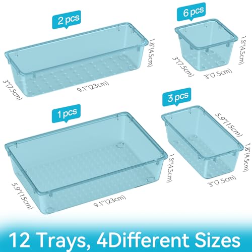 Image of ElegantArray 12-Piece Drawer Organizer Set, 4 Sizes Versatile Plastic Vanity Organizer for Makeup, Stationery, Gadgets, in Kitchen, Bathroom, Office, and Bedroom, Sea Blue