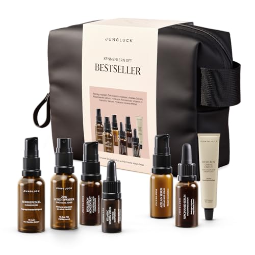 JUNGLÜCK Kennenlern Set Bestseller | Skincare Geschenkset für strahlende Haut Reinigungsgel Zink Gesichtswasser 4 Seren & Hyaluron Creme Mittel | Routine für klares Hautbild