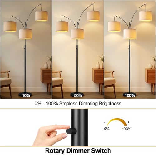 Dimmable 3 Lights Floor Lamp - 3000LM Super Bright Arc Floor Lamps for Living Room, Modern Tall Standing Lamp With Beige Shades, Mid Century Tree Floor Lamp for Bedroom Office, 3 LED Bulbs Included - Image 4