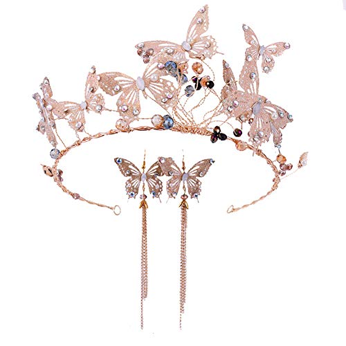 Preisvergleich Produktbild Wansan Schmetterlingskrone Stirnband Quaste lange Ohrringe Set Brautschmuck goldene Haarnadel Zubehör für Hochzeit Kleidzubehör Schmuck Damen Braut-Kopfschmuck