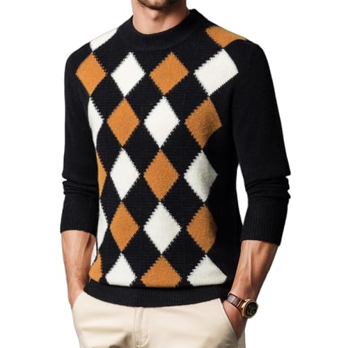 Men's 100% Wool Mock Turtleneck Long Sleeve Pullover Fashionable Retro Argyle Sweater