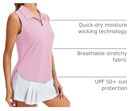 Image of PINSPARK Women Golf Shirts Sleeveless UPF 50+ Tennis Polo V-Neck Quick Dry Athletic T Shirt 1 /4 Zip Collar Workout Tank Top
