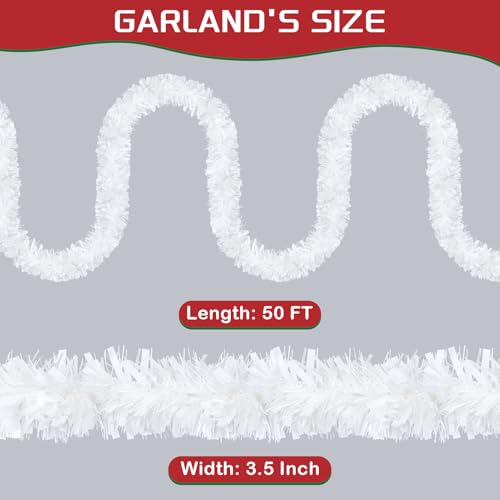Image of 50FT White Christmas Tinsel Garland, Metallic Tinsel Glitter Twist Garlands Hanging Streamers, Xmas Tree Garland Decorations