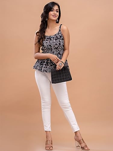 Image of feranoid Women Cotton Printed Sleeveless Strap Peplum Top
