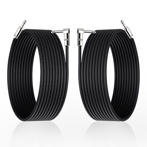 Image of Guitar Cable 20ft, 2-Pack, TS 1 /4 Quarter Inch Cords Braided | Amp Cord Shielded Electric Guitar Chord to Ampliefier, Aux Cords Right Angle Bass Instrument Cable, Black