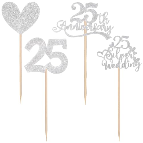 36 Pcs 25th Anniversary Decorations, Ymapinc Silver Glitter Centerpiece Sticks Cupcake Toppers Cheers to 25 Years Table Centerpieces, Silver Wedding Anniversary Cake Decorations for Party Supplies