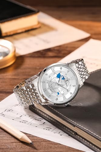 Image of London Fog Baker Collection Analog Quartz Watch for Men, Round World Map Dial with Month Markers & Crystal Accents, Luminous Hands, Stainless Steel Strap - LFM10009